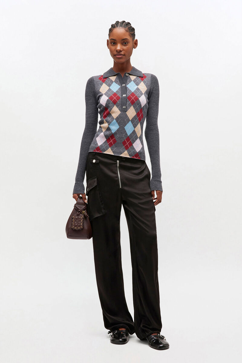 Dark Grey Knitted Polo Shirt, Merino Wool, in colour Paloma - 2 - GANNI