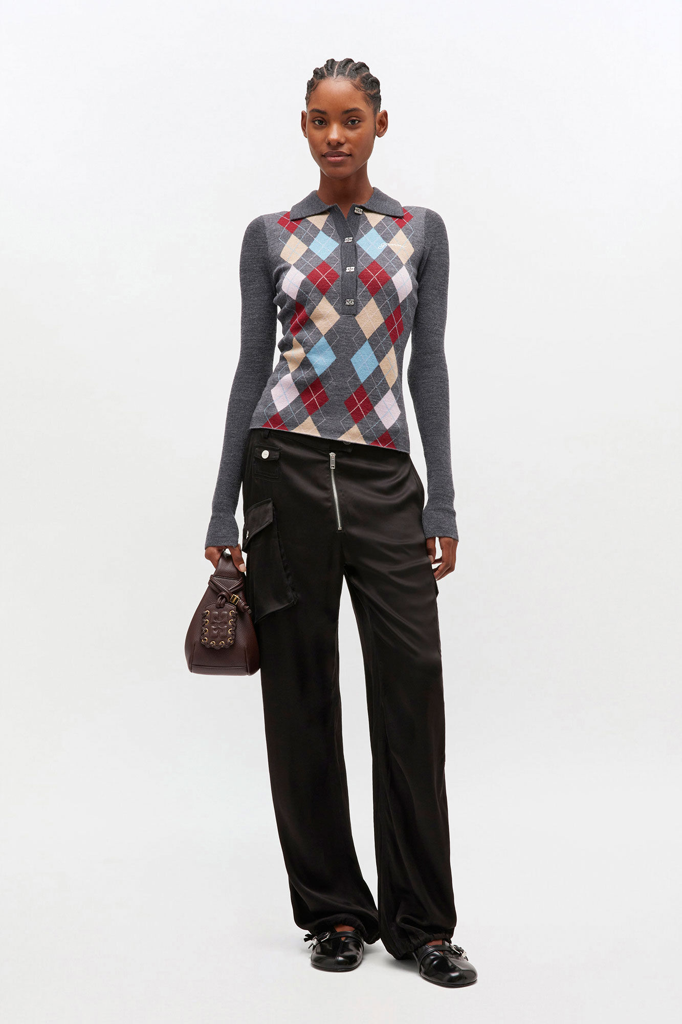 Dark Grey Knitted Polo Shirt, Merino Wool, in colour Paloma - 2 - GANNI