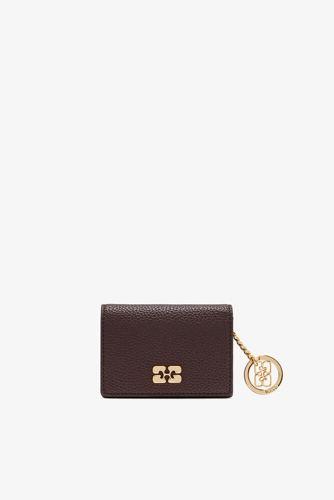 Brown Grained GANNI Bou Card Holder With Flap, Chicory Coffee