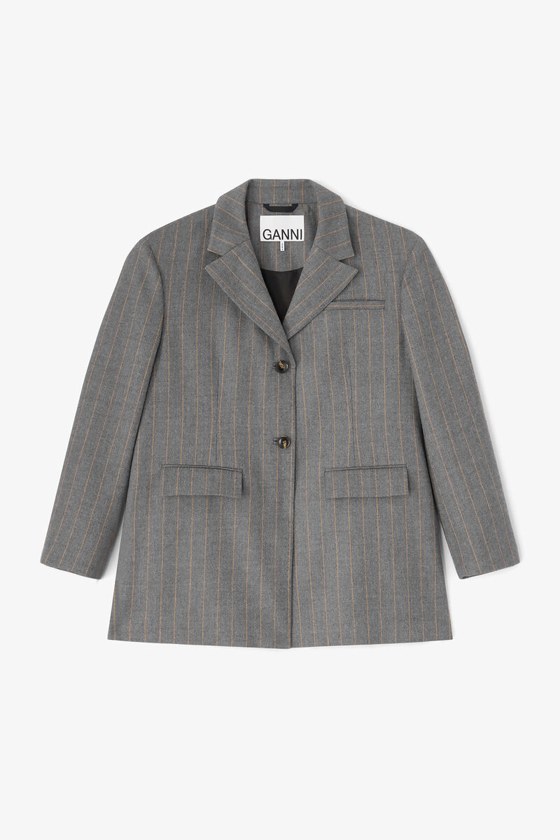 Grey Stripe Wool Blazer, in colour Pewter Melange - 1 - GANNI