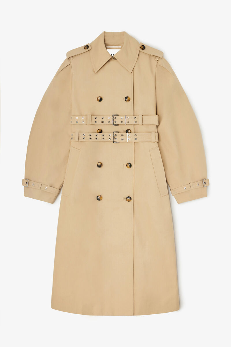 Trench Coat in Double Cotton, Organic Cotton, in colour Warm Sand - 1 - GANNI