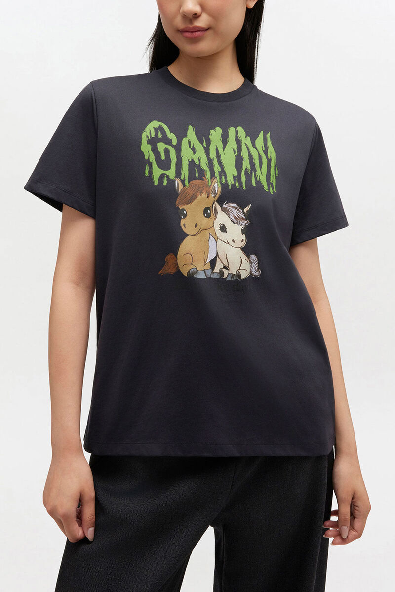 Graphic Cotton T-shirt, Organic Cotton, in colour Phantom - 1 - GANNI