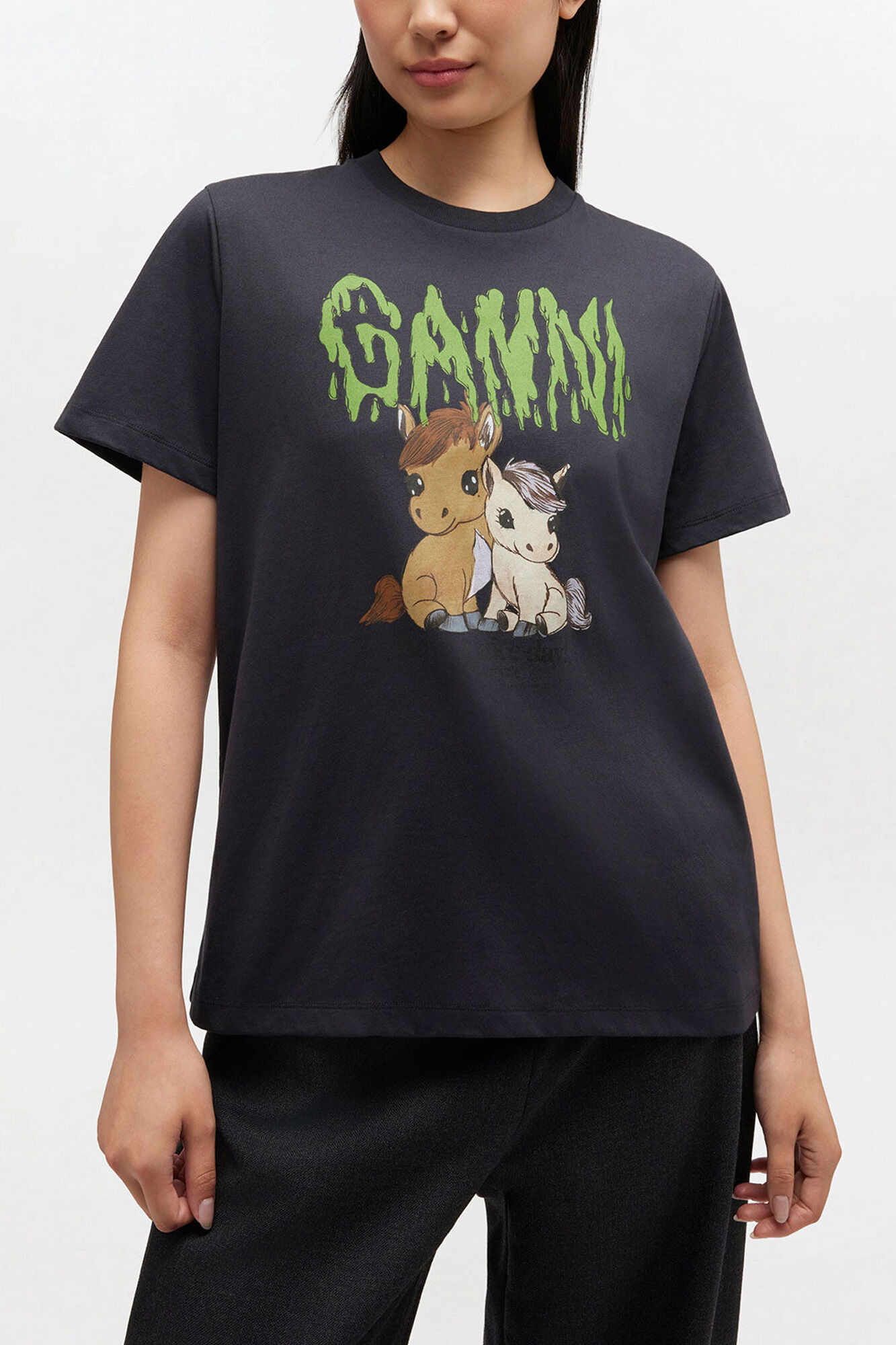 Graphic Cotton T-shirt, Organic Cotton, in colour Phantom - 1 - GANNI