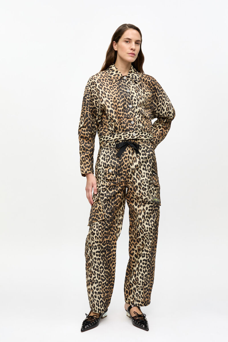 Leopard Duchesse Nylon Cargo Pants, Recycled Nylon, in colour Leopard - 1 - GANNI
