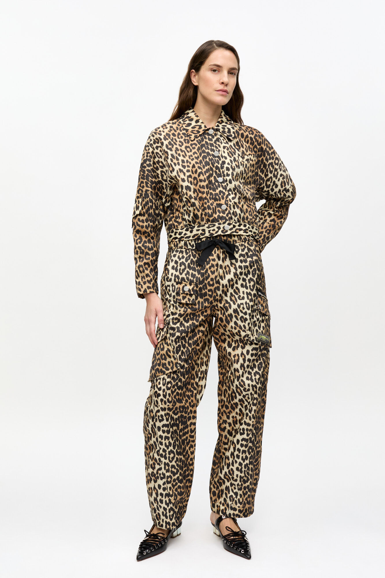 Leopard Duchesse Nylon Cargo Pants, Recycled Nylon, in colour Leopard - 1 - GANNI