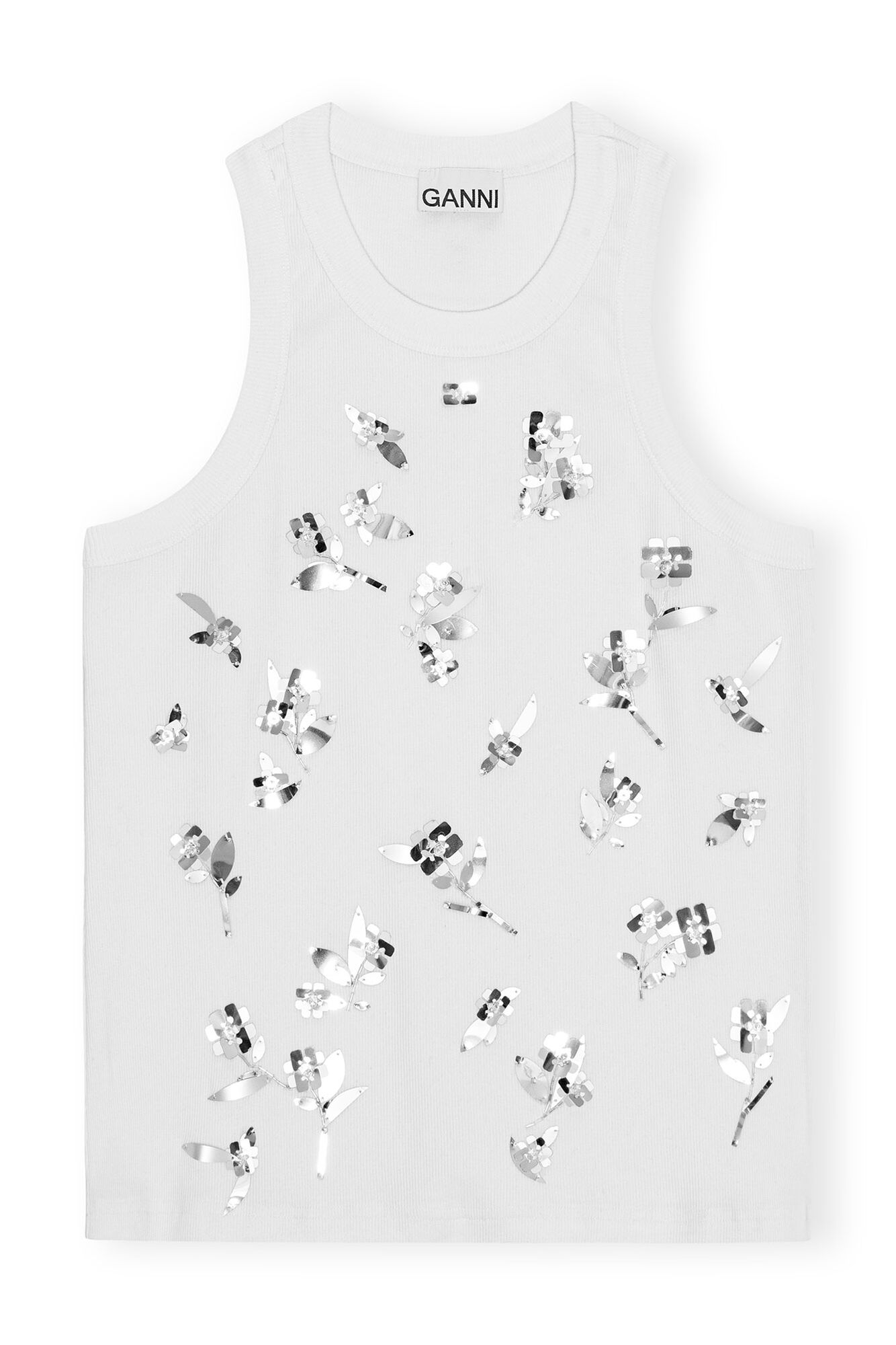 White Rib Jersey Embellished Tank Top, Elastane, in colour Bright White - 1 - GANNI