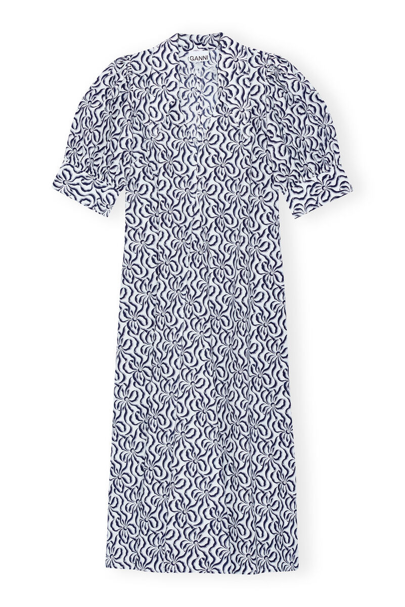 Printed Cotton Poplin V-neck Long klänning, Cotton, in colour Egret - 1 - GANNI