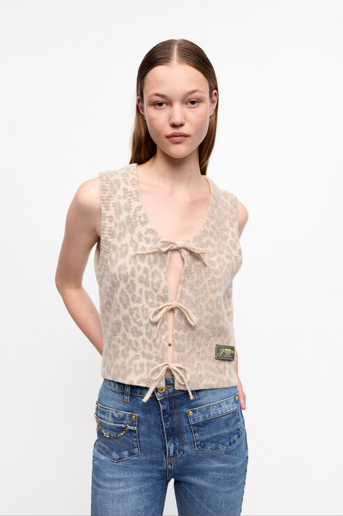 Ganni Leopard Tie String Vest Size 2XS Women's Alpaca/Polyamide/Wool