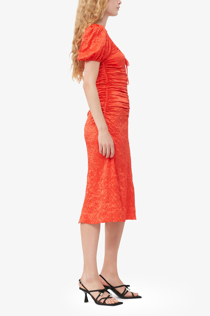Red Crinkled Satin Midi Dress, Recycled Polyester, in colour Grenadine - 2 - GANNI