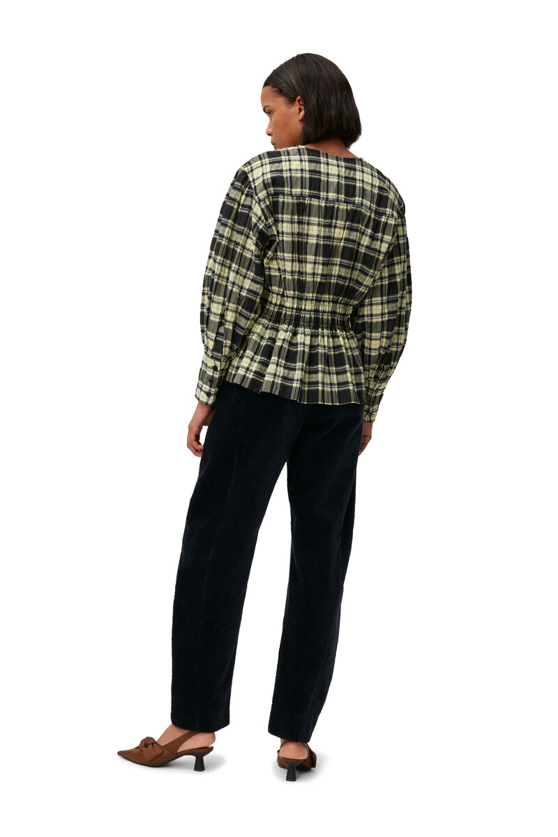 Checkered Seersucker Blouse, Cotton, in colour Check Elfin Yellow - 2 - GANNI