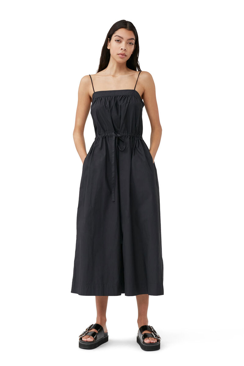 Cotton Poplin Maxi Strap Dress, Cotton, in colour Black - 1 - GANNI