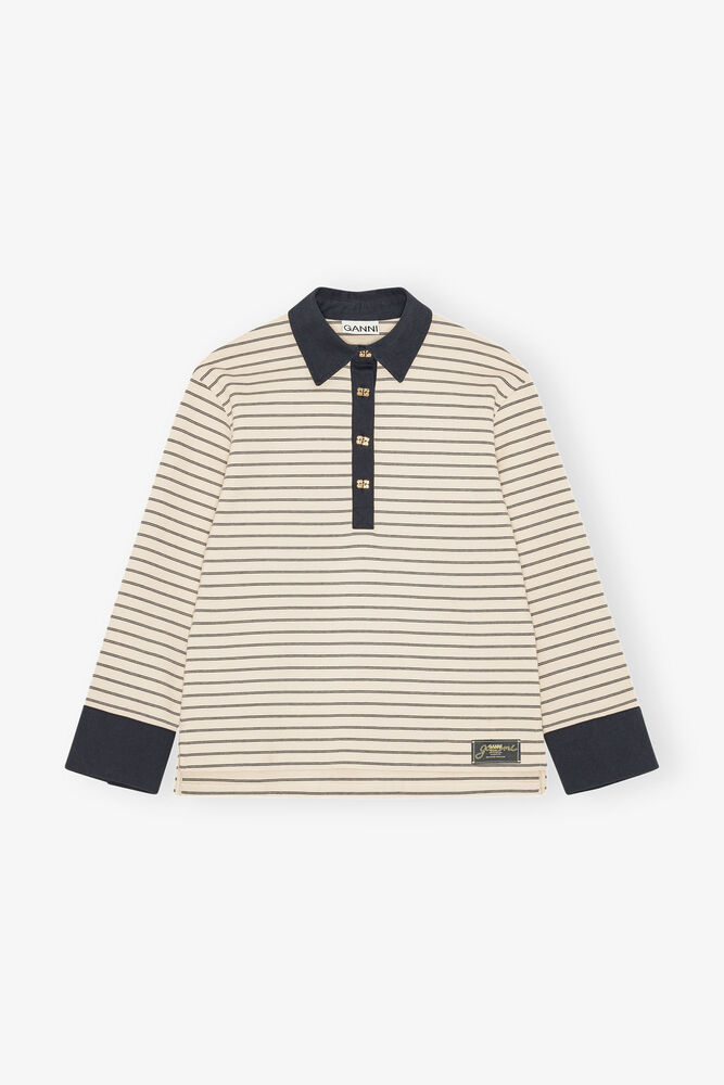 Striped Cotton Polo, Egret