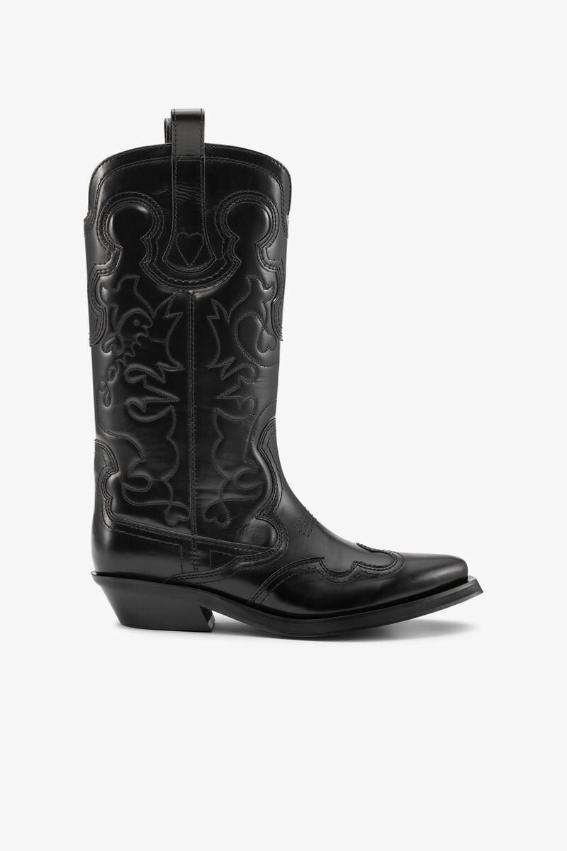Bottes Western Black Mid Shaft Embroidered, Calf Leather, in colour Black/Black - 1 - GANNI
