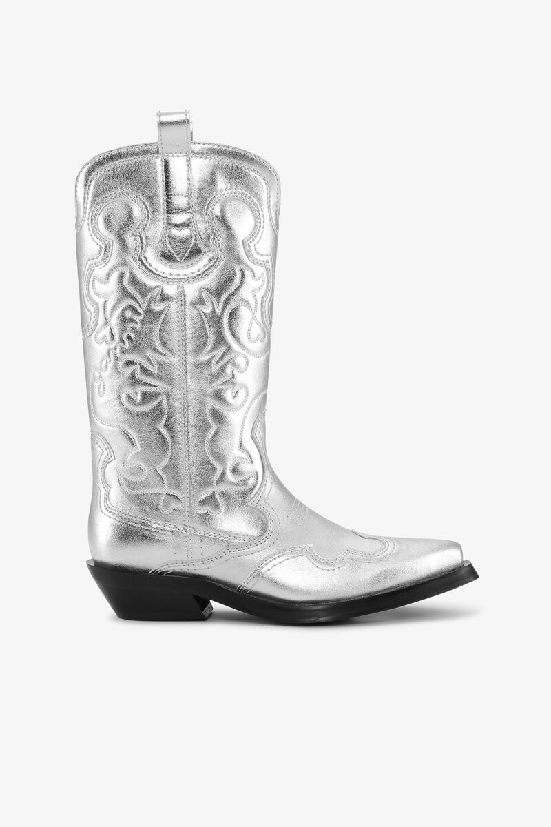 Silver Mid Shaft Embroidered Western Boots, Polyester, in colour Silver - 1 - GANNI