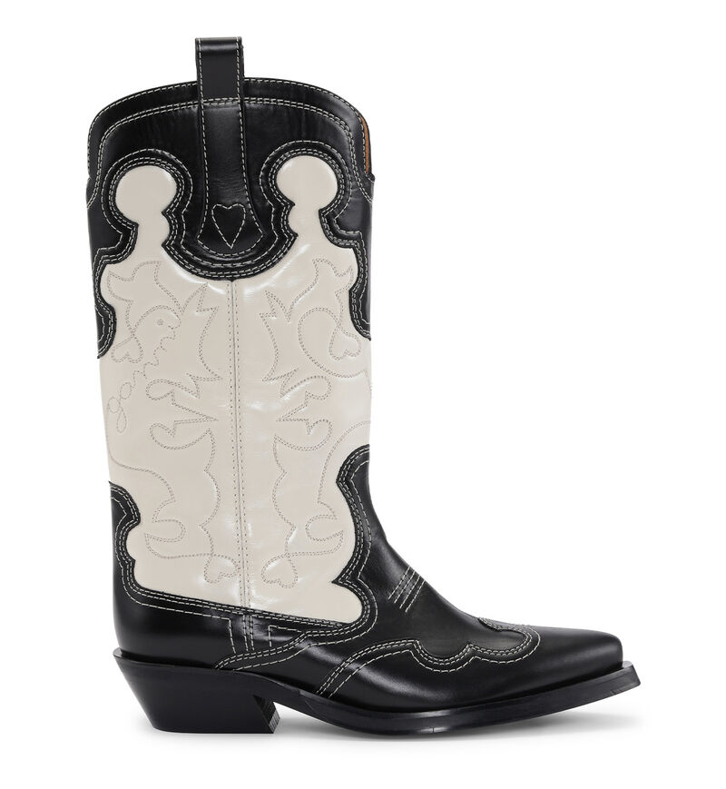 Monochrome Mid Shaft Embroidered Western Boots, Calf Leather, in colour Black/Egret - 1 - GANNI