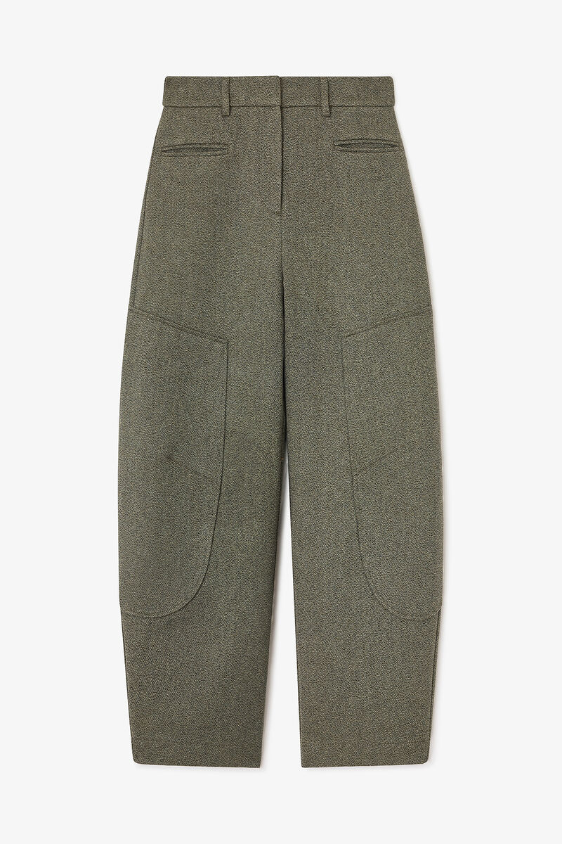 Green Mouline Curved Trousers, Organic Cotton, in colour Forest Night - 1 - GANNI