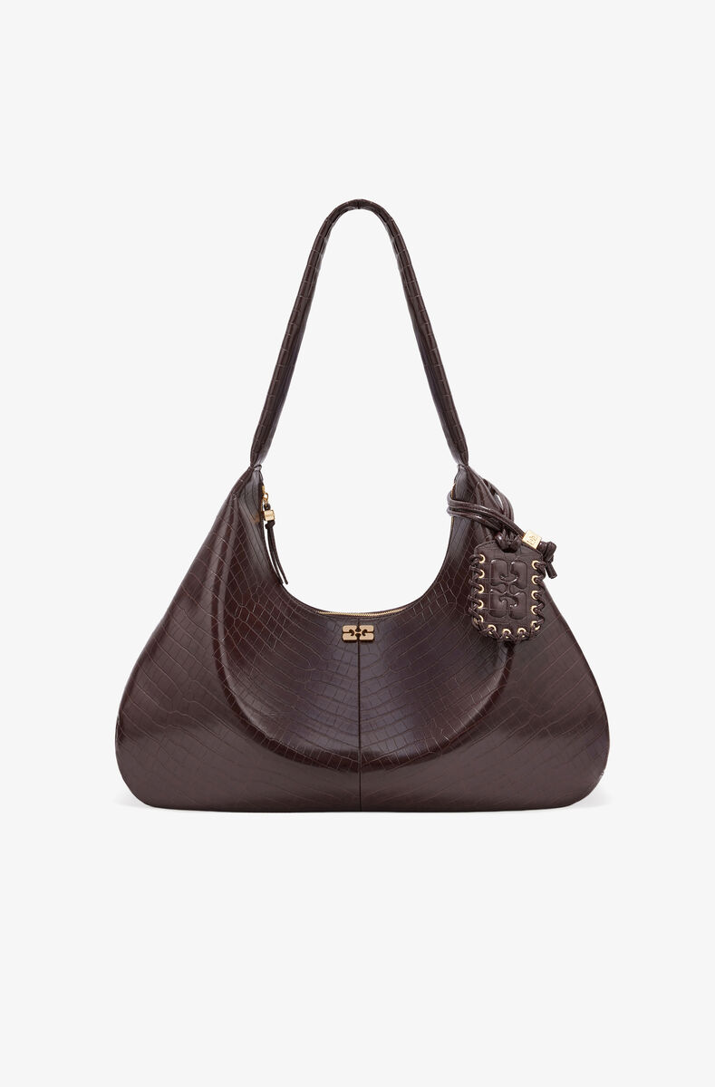 Brown Croco XXL Hobo Bag, Lyocell, in colour Chocolate Fondant - 1 - GANNI