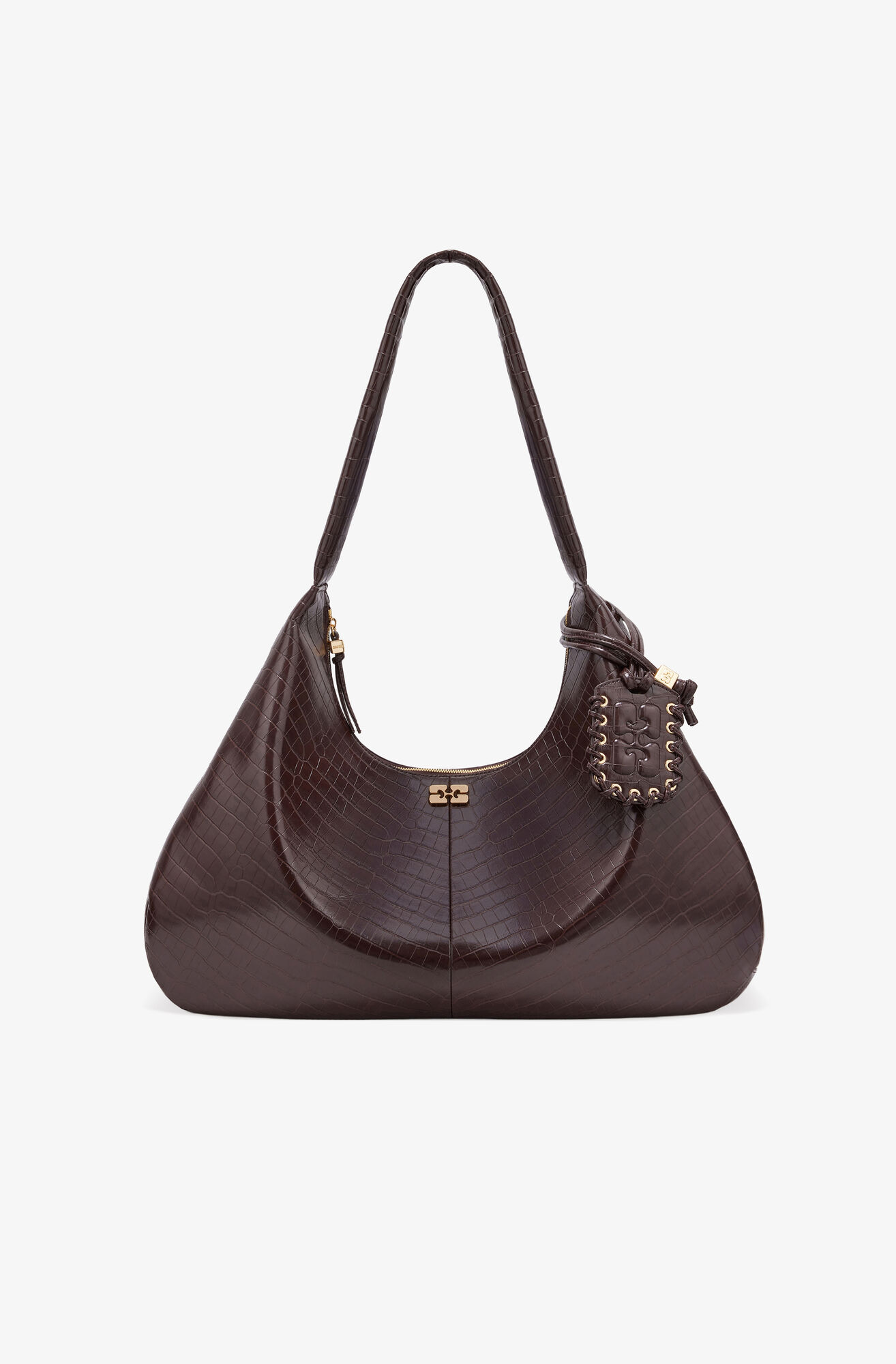 Brown Croco XXL Hobo Bag, Lyocell, in colour Chocolate Fondant - 1 - GANNI