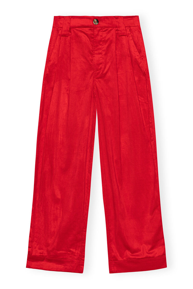 Red Shiny Corduroy Loose Pleat Pants, Organic Cotton, in colour High Risk Red - 1 - GANNI