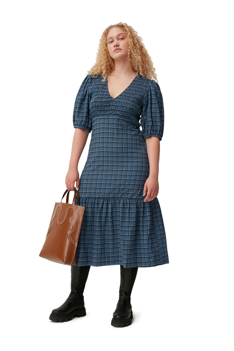 Seersucker Midi Dress, Elastane, in colour Mini Check Granada Sky - 1 - GANNI
