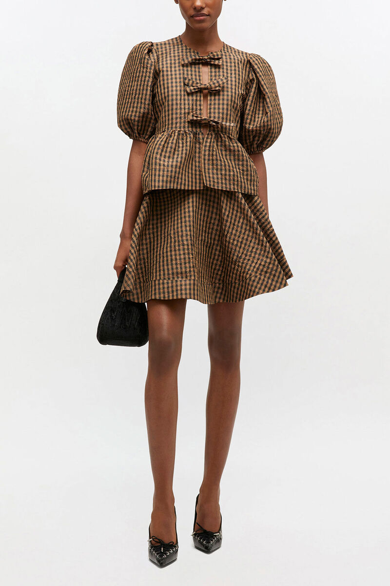 Crinkled Check Mini Circle Skirt, Recycled Polyester, in colour Tobacco Brown - 1 - GANNI