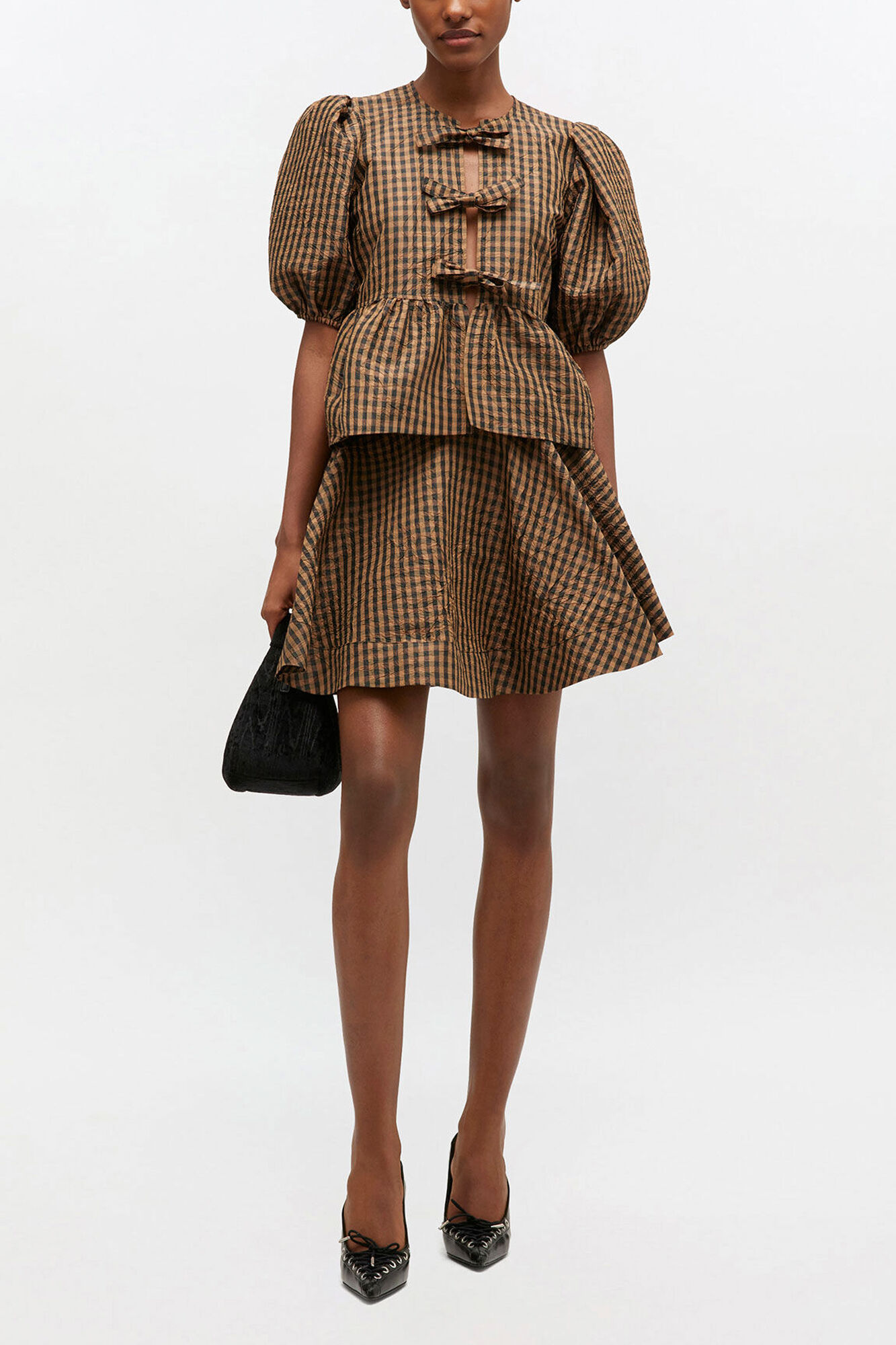 Crinkled Check Mini Circle Skirt, Recycled Polyester, in colour Tobacco Brown - 1 - GANNI