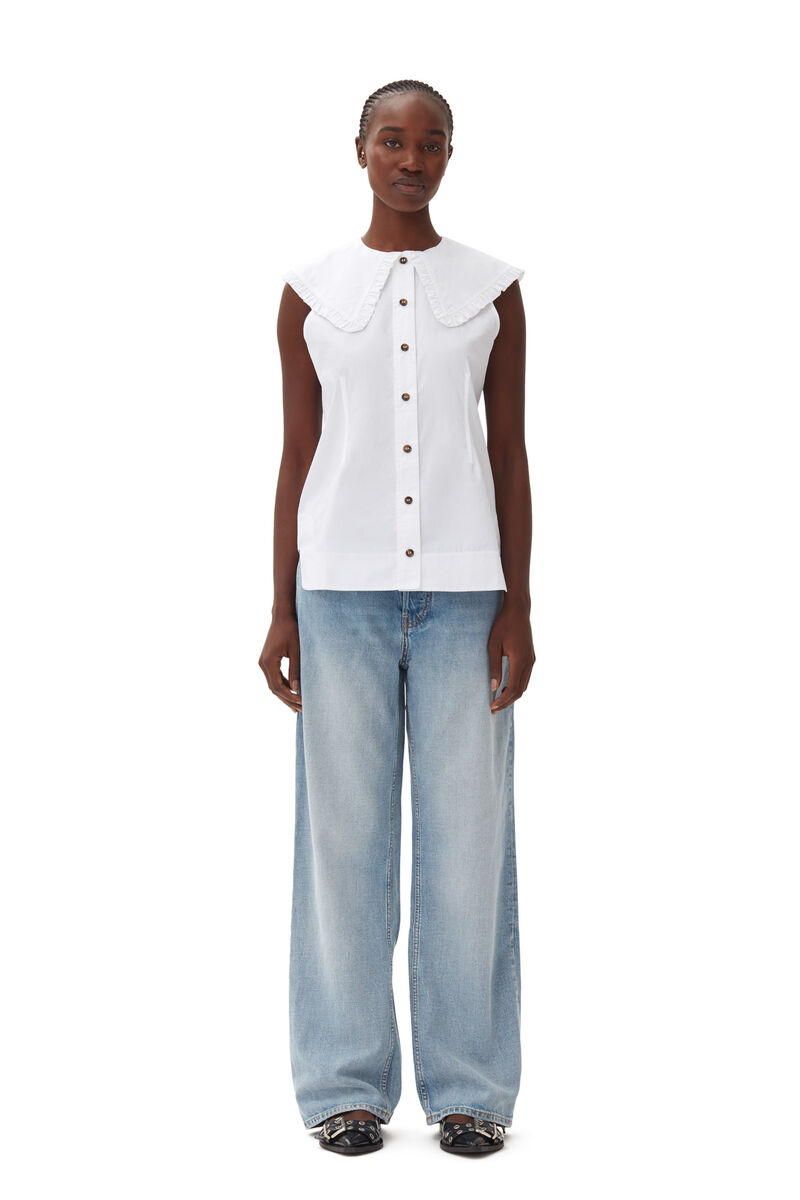 Chemise à col avec volants sans manches en popeline de coton, Cotton, in colour Bright White - 2 - GANNI