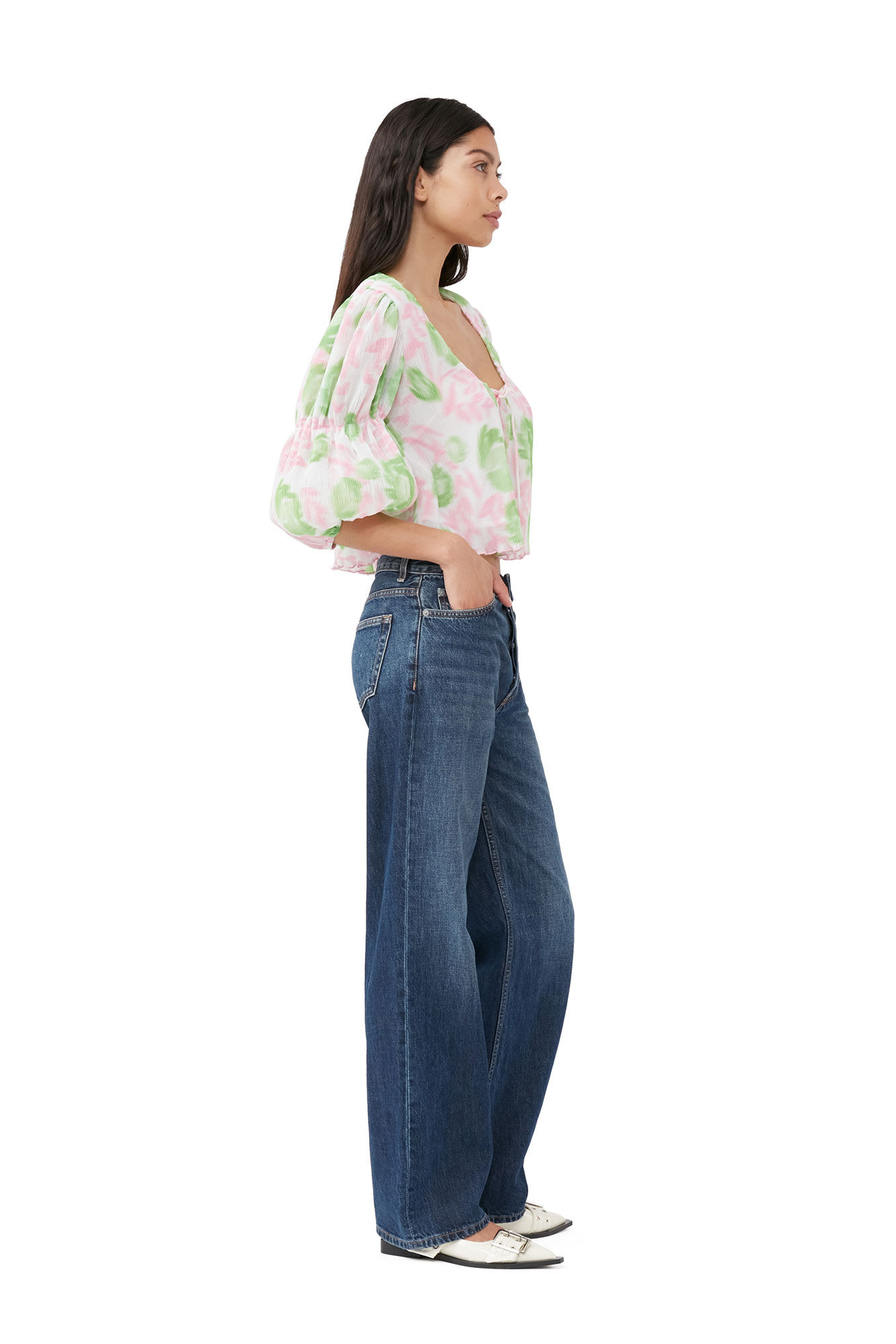 Pleated Georgette U-neck Blouse, Recycled Polyester, in colour Pink Tulle - 3 - GANNI