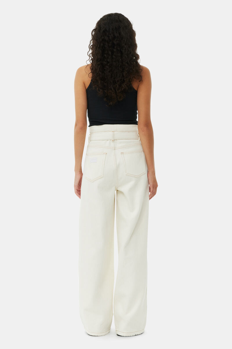 White Heavy Denim Paperbag Jeans, Cotton, in colour Egret - 4 - GANNI