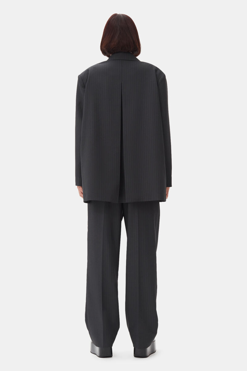 Charcoal Stripe Suiting Oversized Blazer, Elastane, in colour Phantom - 4 - GANNI