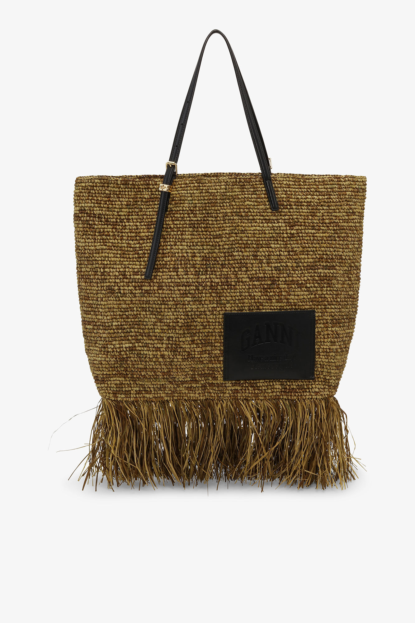 Raffia Tote Fringes Bag, in colour Spinach Green - 1 - GANNI