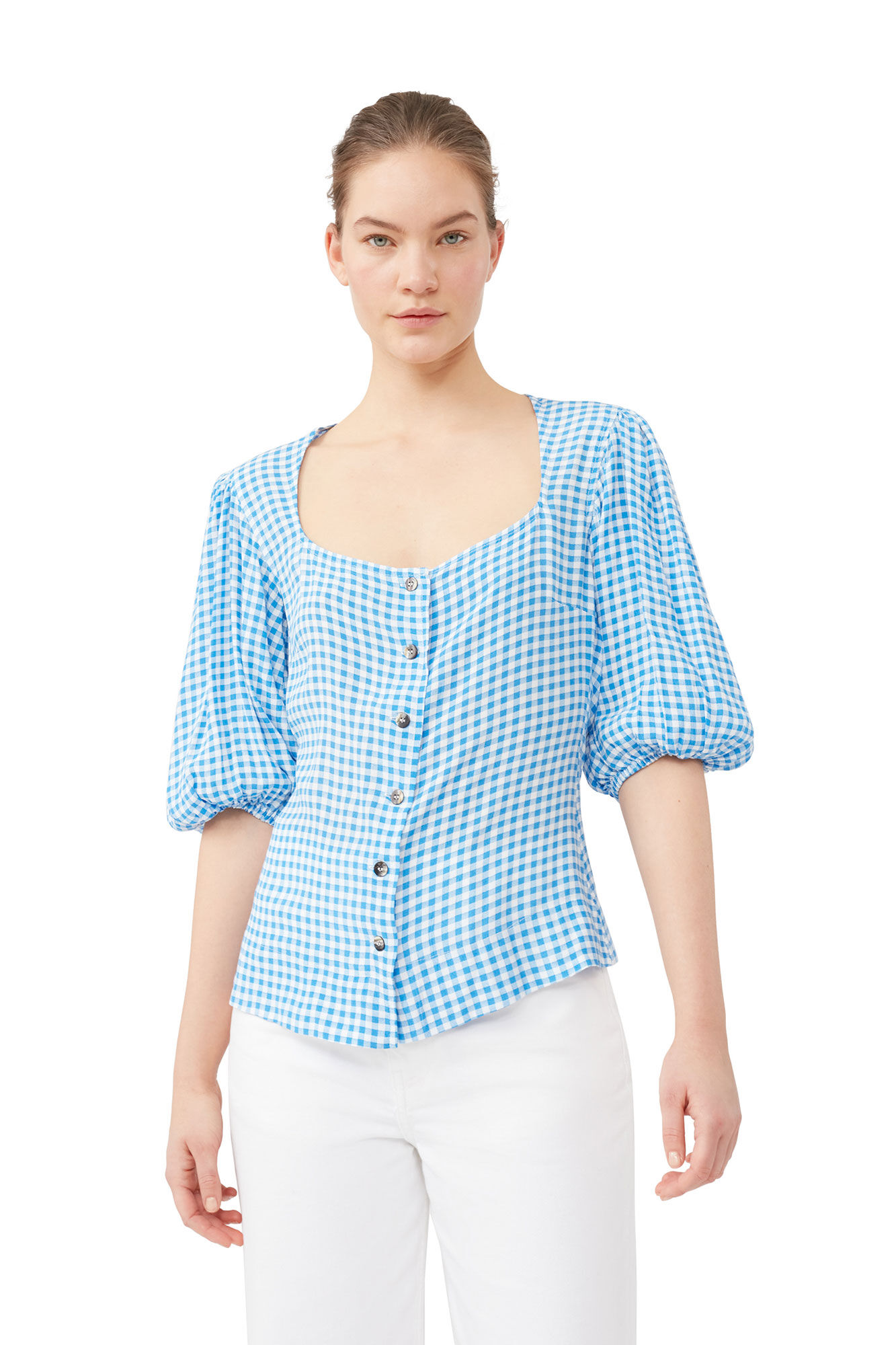 Bedruckte Button-Down-Bluse aus Krepp, LENZING™ ECOVERO™, in colour Strong Blue - 4 - GANNI