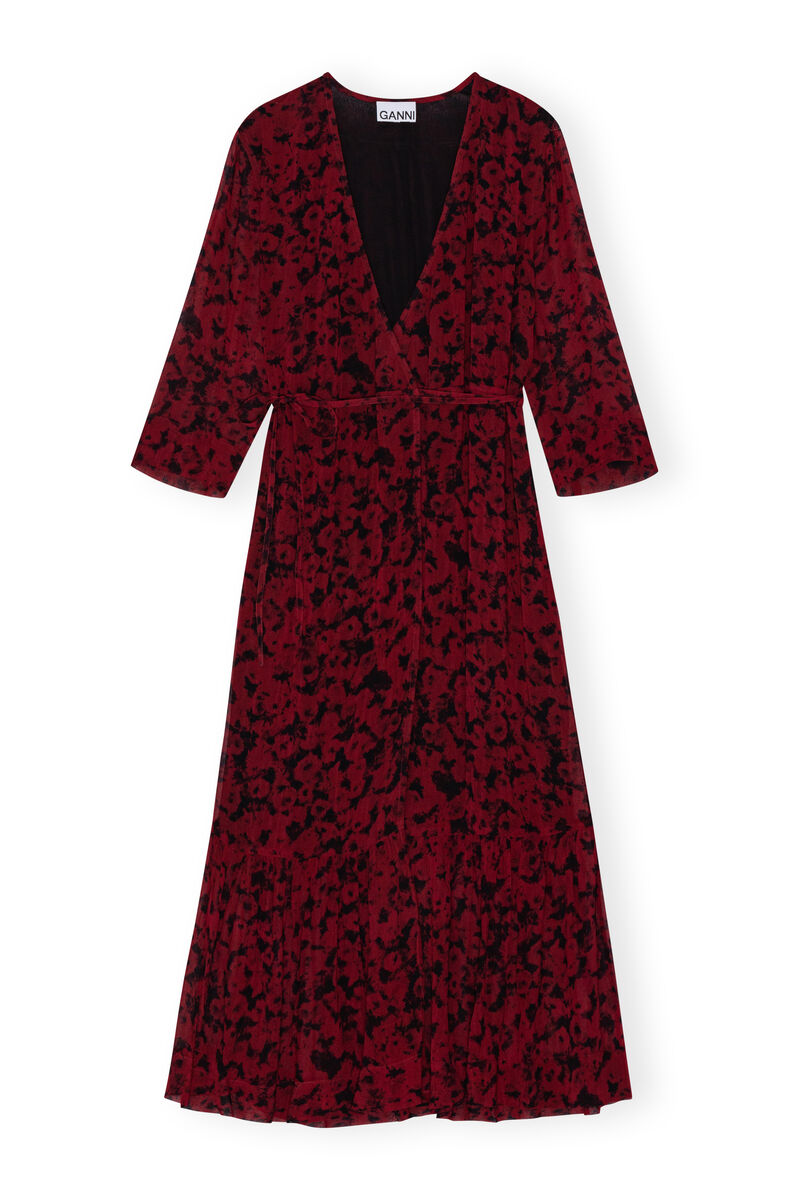 Red Printed Light Georgette Wrap Midi Dress, Viscose, in colour Syrah - 1 - GANNI