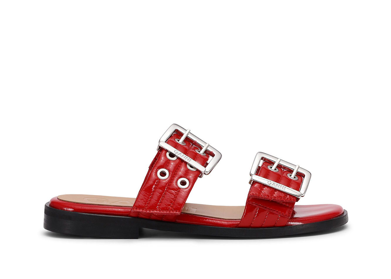 Red Feminine Buckle Two-Strap Sandals, Cotton, in colour Racing Red - 1 - GANNI
