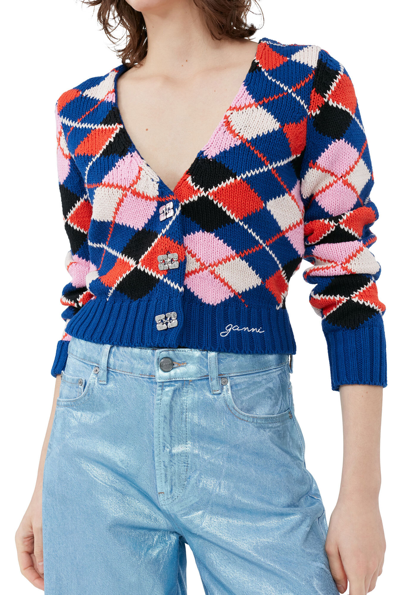 Graphic Cotton V-neck Cardigan, Cotton, in colour Sodalite Blue - 5 - GANNI