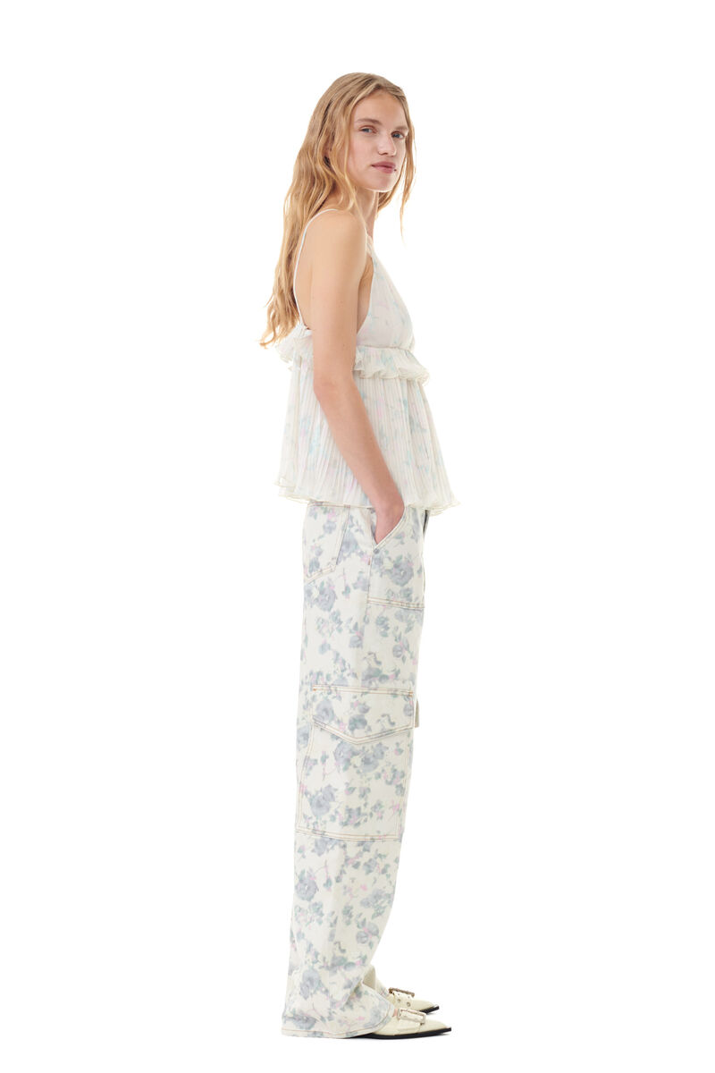 Floral Printed Pleated Georgette Strap topp, Recycled Polyester, in colour Tofu - 3 - GANNI