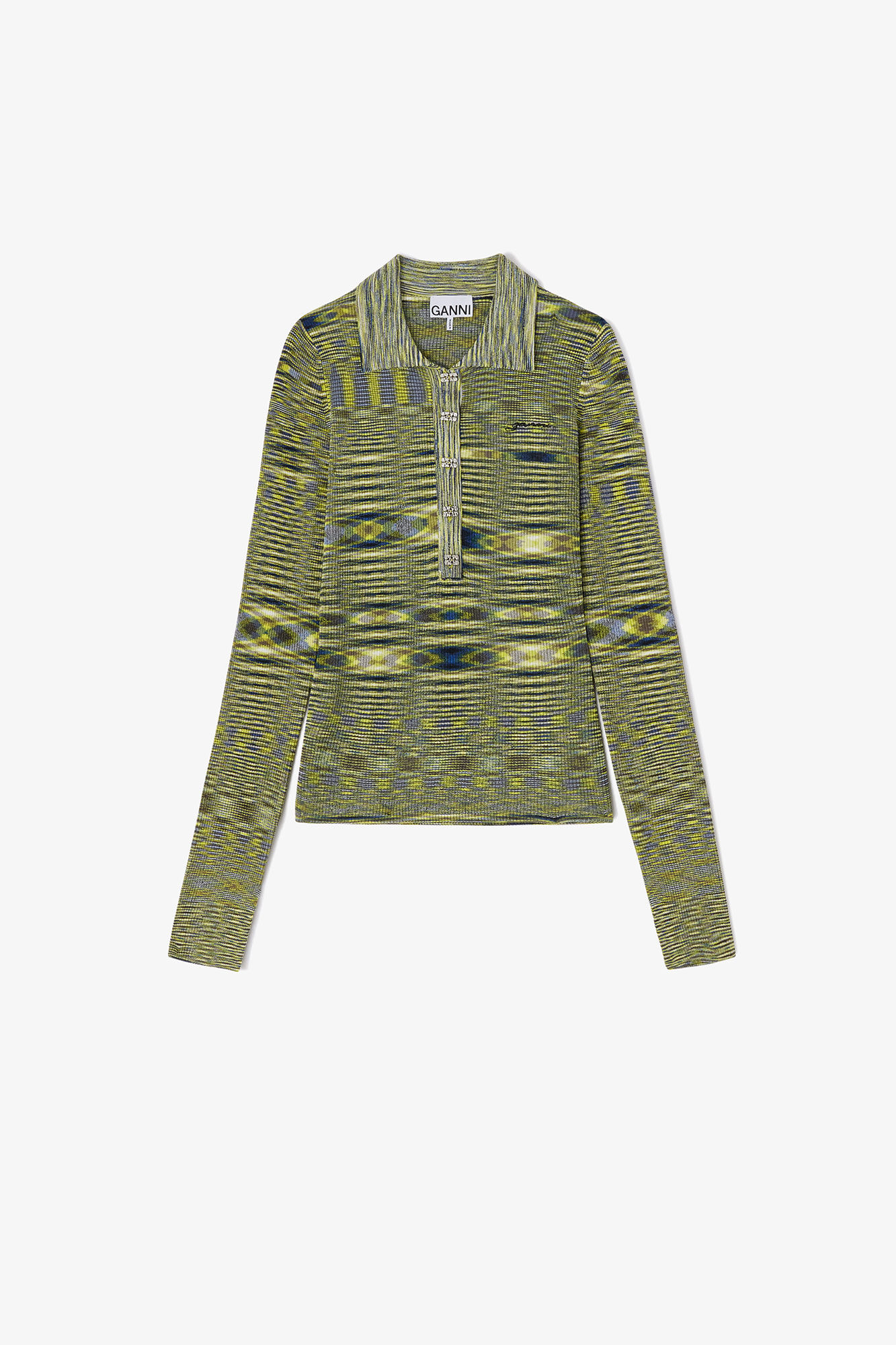 Polo Shirt in Spacedyed Knit, Recycled Polyamide, in colour Blazing Yellow - 1 - GANNI