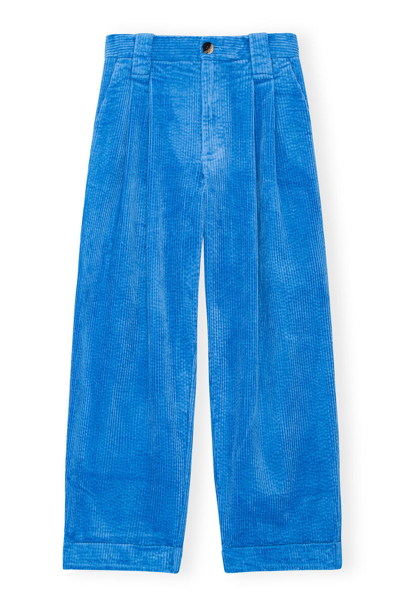 Blue Corduroy Loose Pleat Pants, Elastane, in colour Silver Lake Blue - 1 - GANNI