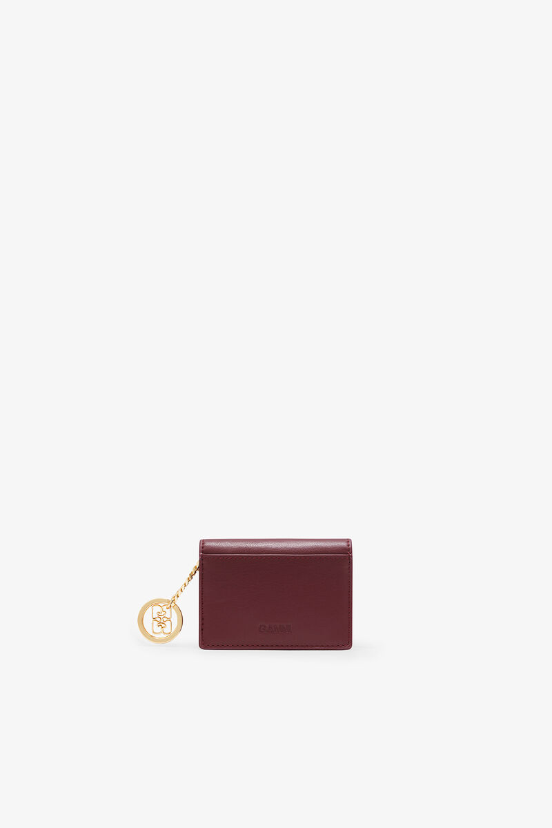 Bou Card Holder With Flap in Burgundy, Recycled Leather, in colour Burgundy - 2 - GANNI