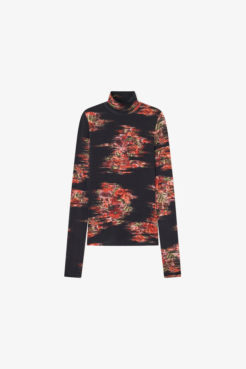 Floral Jersey Turtleneck, Viscose, in colour Black - 1 - GANNI