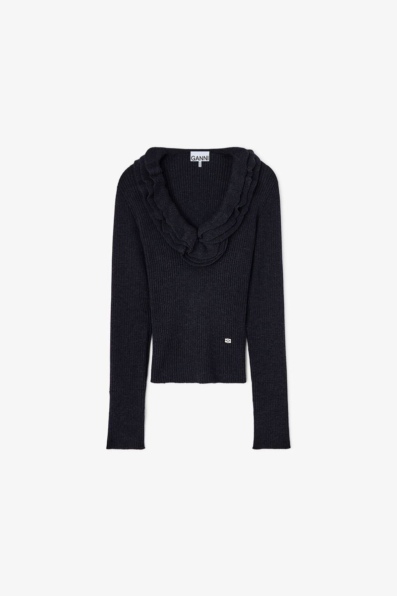 Top in Ribbed Merino, Merino Wool, in colour Phantom - 1 - GANNI