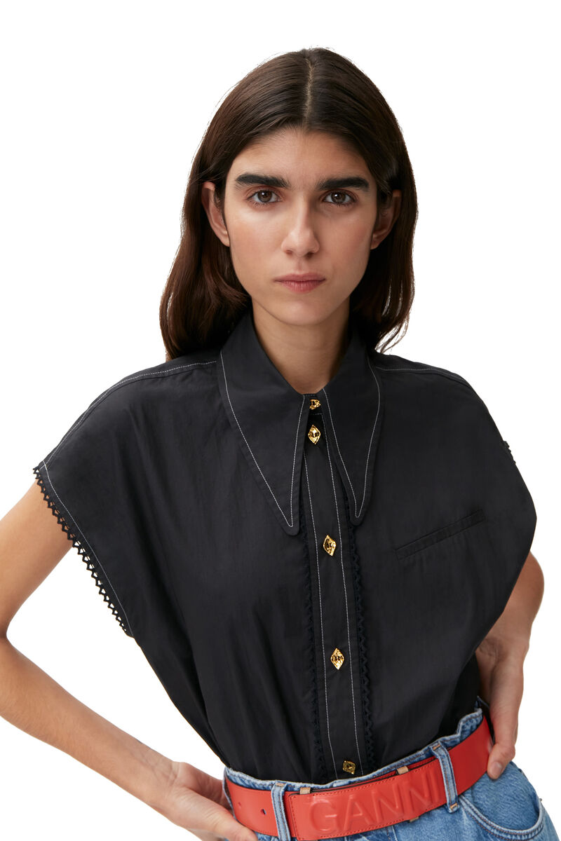 Sleeveless Shirt in 100% organic cotton, Cotton, in colour Black - 3 - GANNI