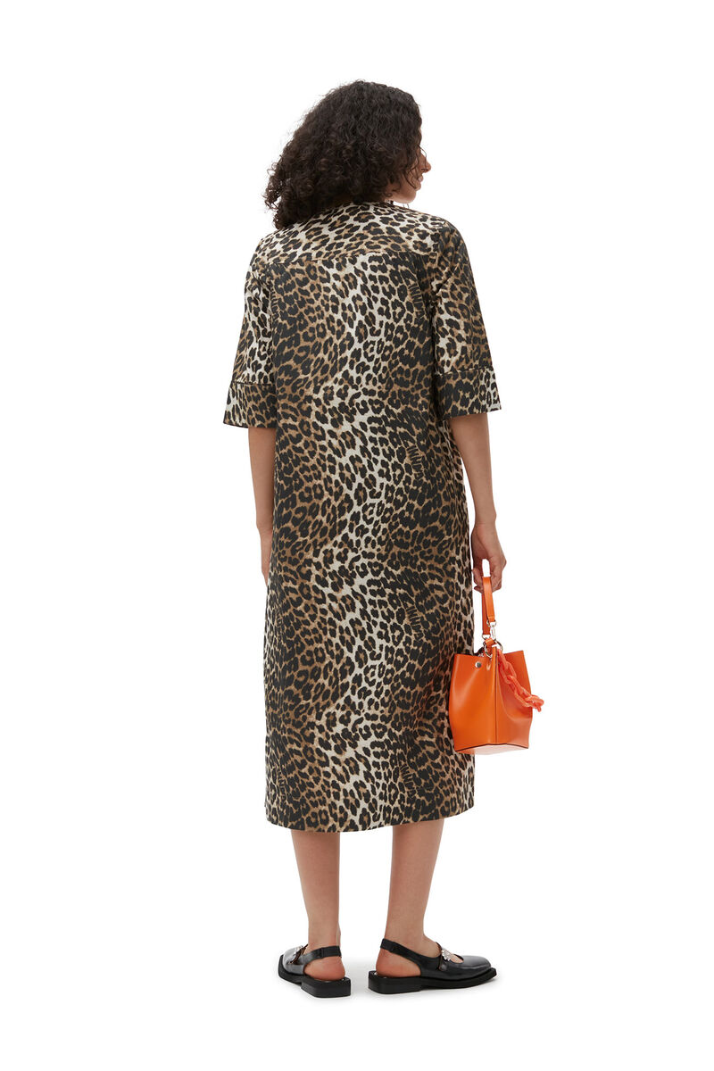 Leopard Wide Midi Dress, Cotton, in colour Big Leopard Almond Milk - 2 - GANNI