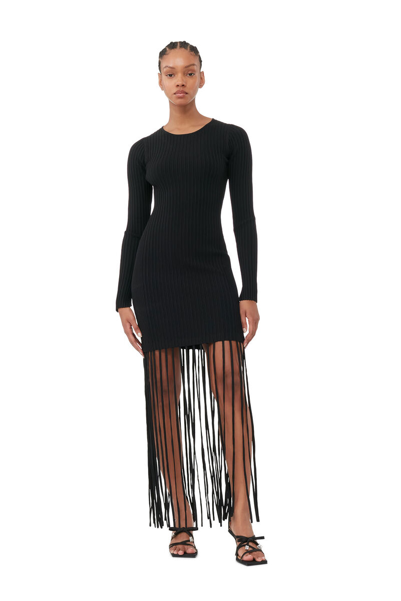Black Melange Knit Fringe Mini Dress, Elastane, in colour Black - 1 - GANNI