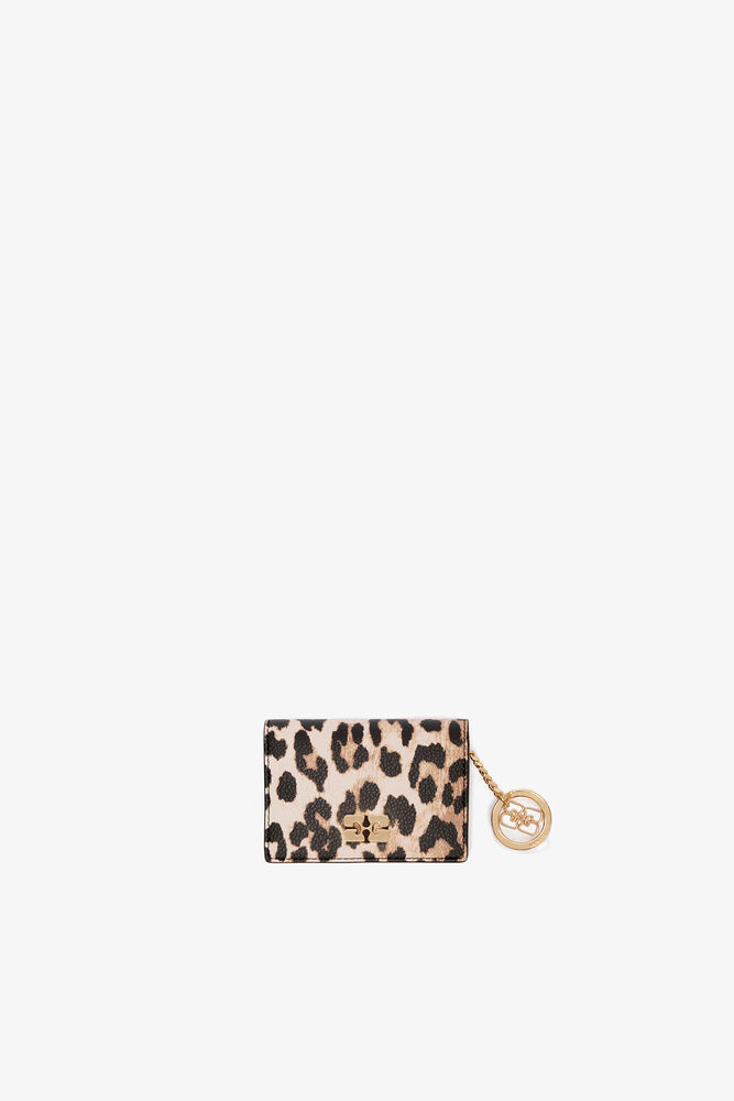 Leopard Grained Bou Card Holder With Flap, Almond Milk
