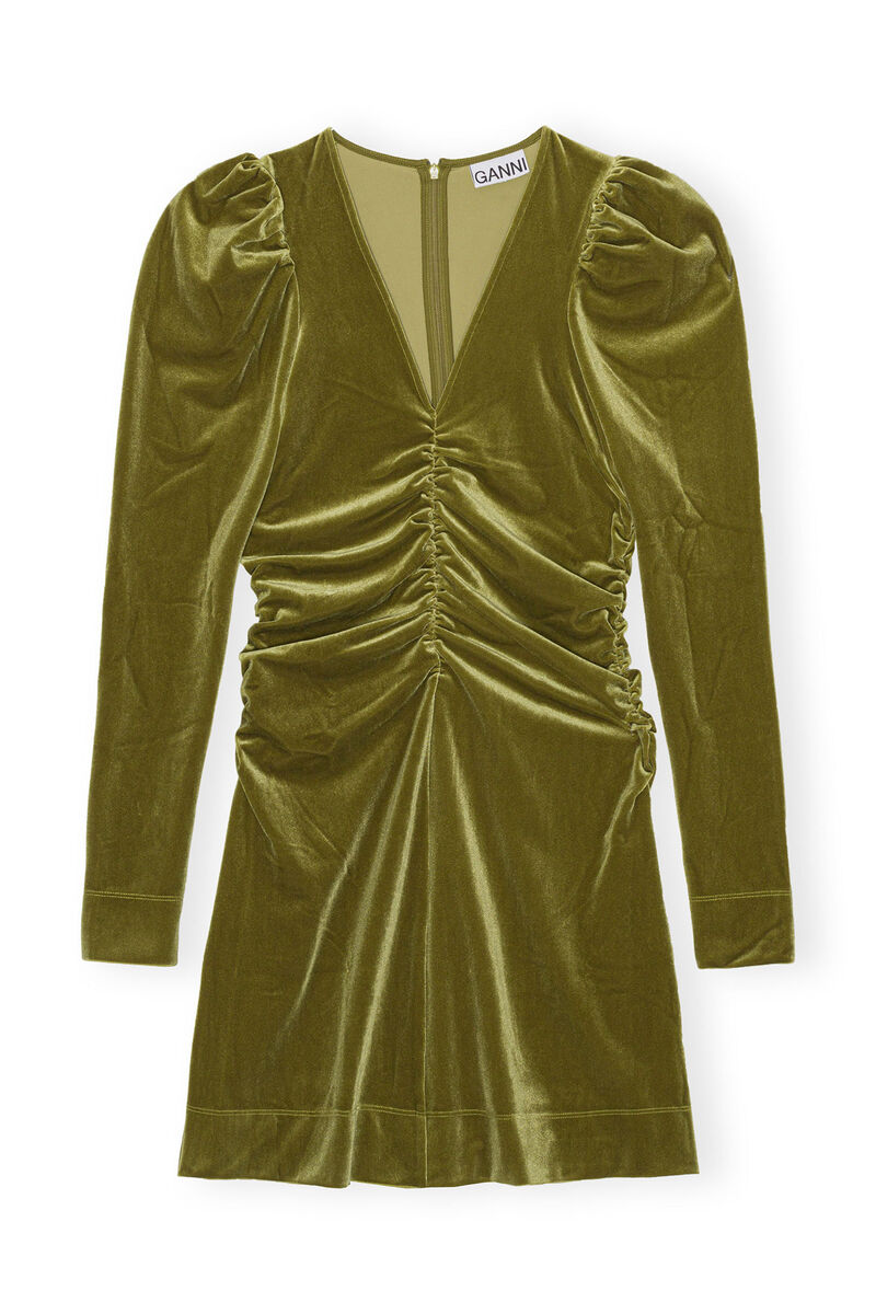 Robe courte en jersey de velours verte, Recycled Polyester, in colour Avocado - 1 - GANNI