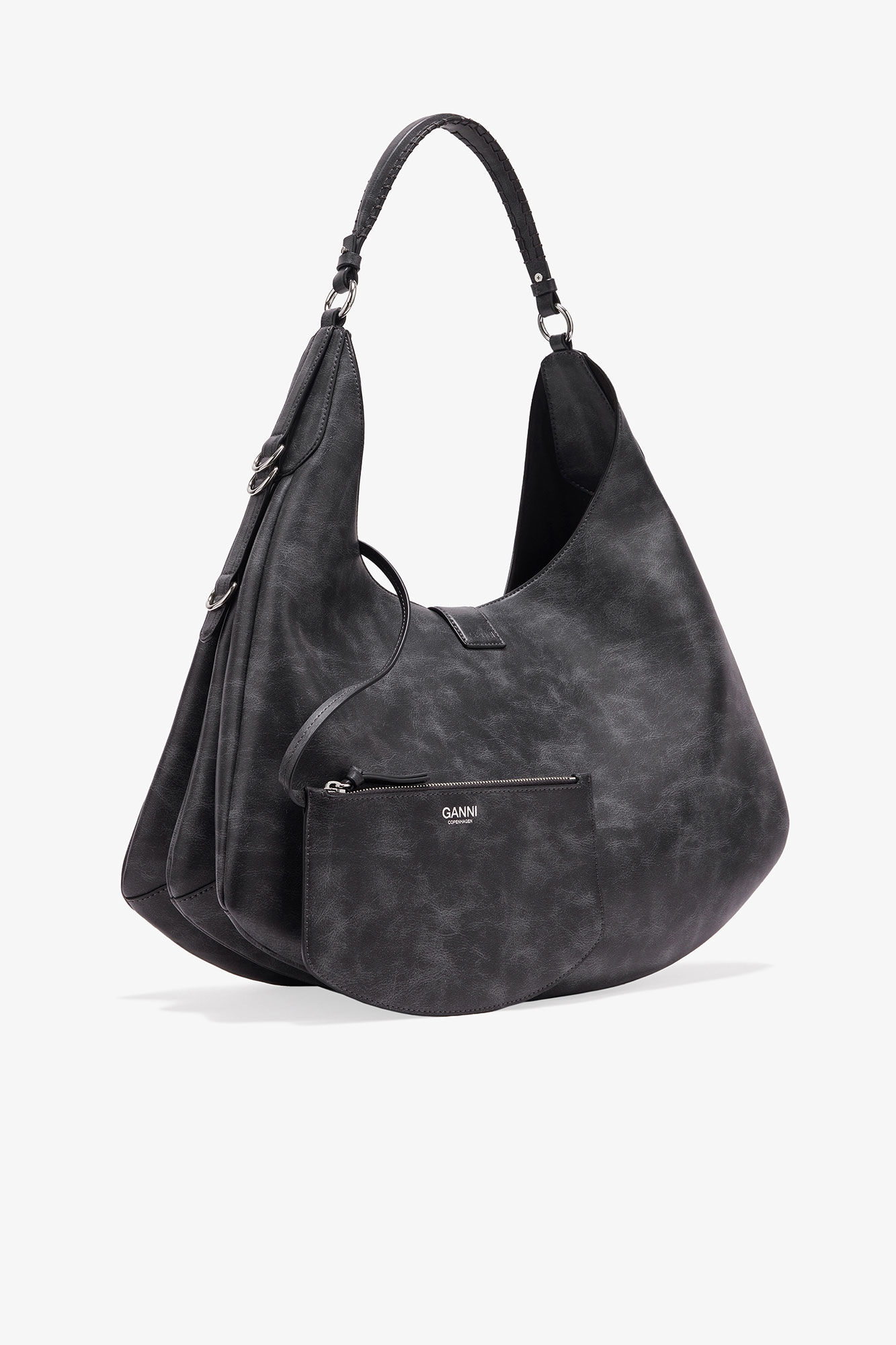Dark Grey Large Kat Bag, Recycled Leather, in colour Ebony - 2 - GANNI