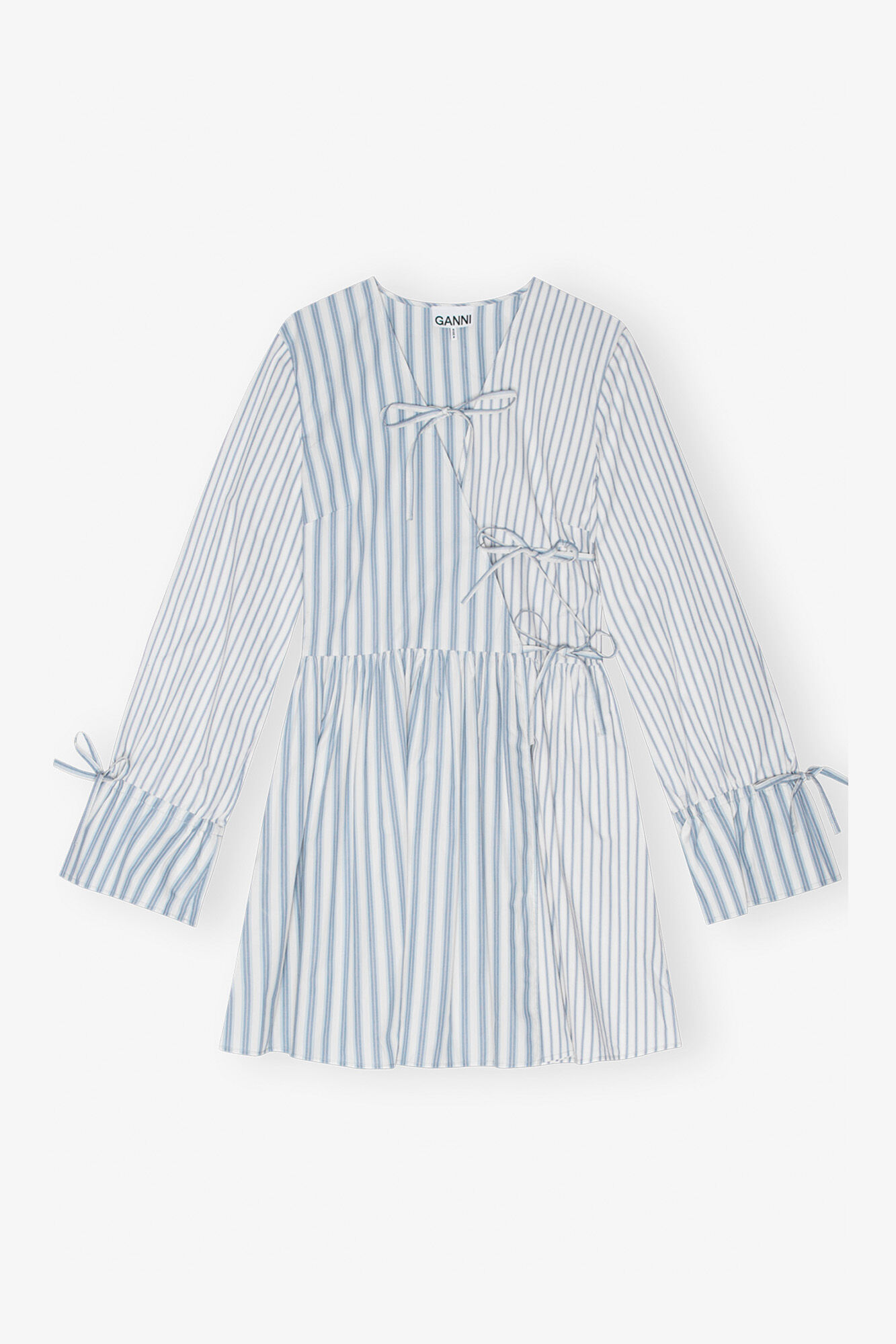 Blue Stripe Cotton Mini Wrap Dress, Organic Cotton, in colour Egret - 1 - GANNI