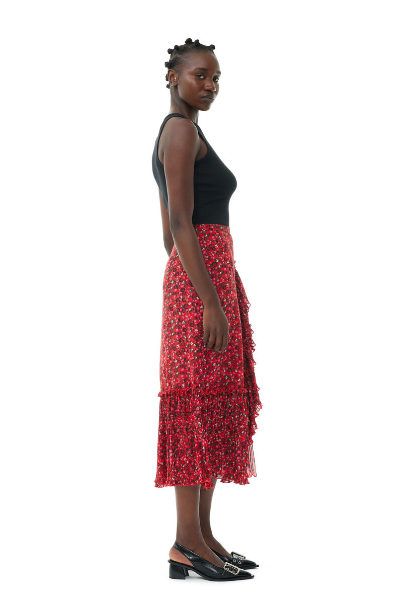 Jupe Red Pleated Georgette Flounce Midi, Recycled Polyester, in colour Racing Red - 3 - GANNI