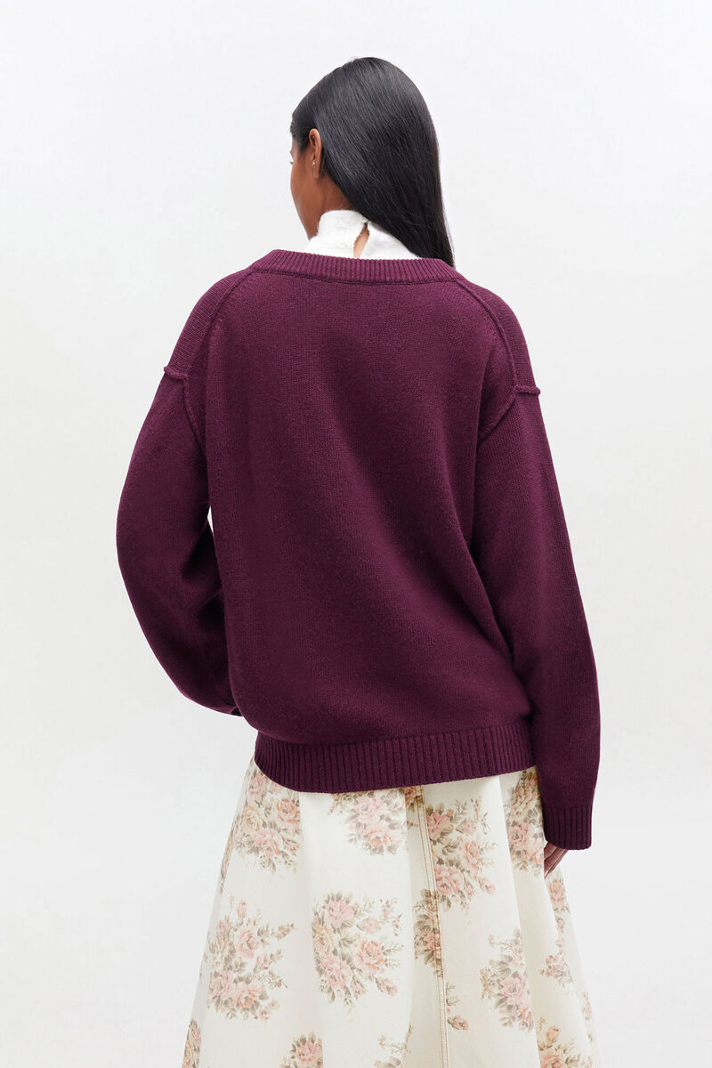 Burgundy Wool Mix V-neck Jumper, Viscose, in colour Burgundy - 3 - GANNI